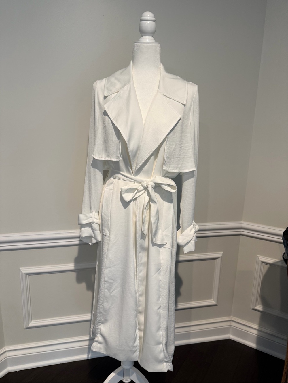 BB Dakota Ivory Long Tie-Waist thin trench